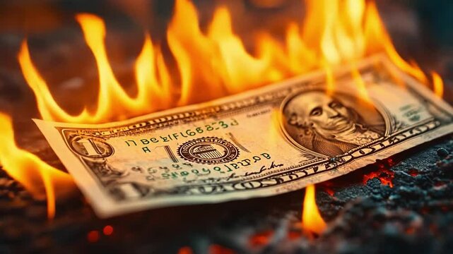 Burning Money: A hundred-dollar bill is engulfed in flames, creating a dramatic and powerful image of financial loss, crisis, or the fleeting nature of wealth. 