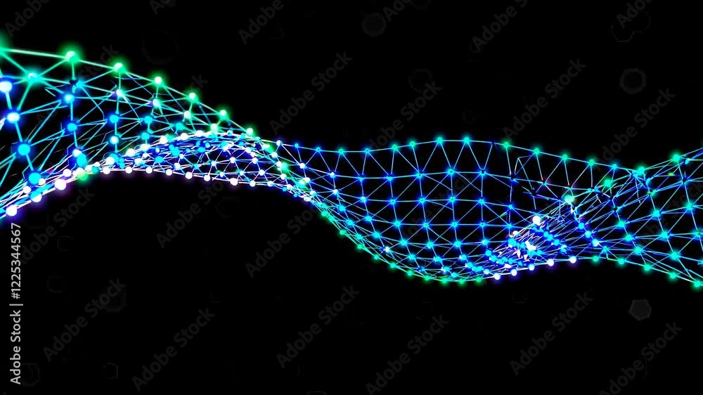 Poster exploring the intricate design of a digital network in a 3d space with vibrant colors and patterns