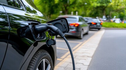 Fototapeta premium Electric vehicle charging station being used by a driver in a park-like setting with blurred cars and greenery in the background.