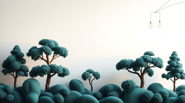 An oil painting in a classic style depicts 3D organic cutout buildable trees in a cartoon design against a white studio backdrop. 