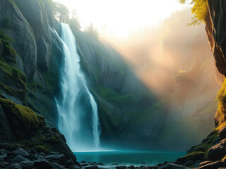 Dramatic waterfall cascading down rocky cliffs in a misty atmosphere, dramatic, peaceful