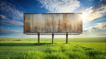 Obraz premium Rustic Billboard in a Verdant Field Under a Sunny Sky