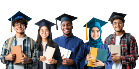 diverse group of women & men: university students holding books (diploma) and posing with a smile; young people isolated over white background as an international education, graduation symbol