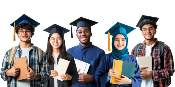 multidiverse group of women & men: university students holding books and posing with a smile; young people isolated over white background as a education, graduation, future symbol; concept of learning