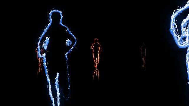 Runner Animated Neon Outlines Abstract 4K Loop features silhouettes of people running toward and away from the viewer with animated laser-like outlines on black in a loop.