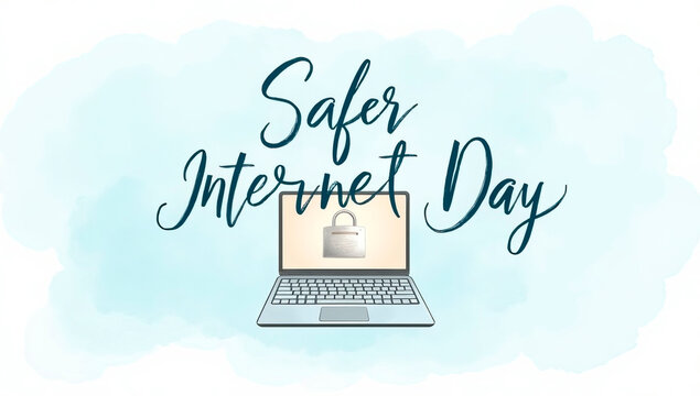 Watercolor illustration of a laptop with a lock on the screen as a symbol of information security. The concept of Safer Internet Day - Powered by Adobe