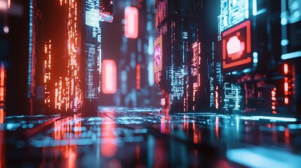 Fototapeta premium Futuristic Neon Cityscape with Illuminated Skyscrapers and Rain Reflections in the Street