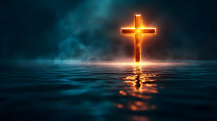 Fototapeta premium A glowing cross illuminated over calm waters, symbolizing faith and hope in a serene and mystical atmosphere.