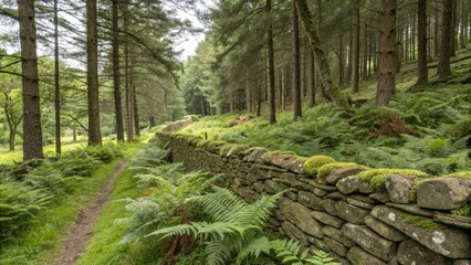 Obraz premium Drystone wall in a forest setting with trees and ferns, forest, outdoor, drystone