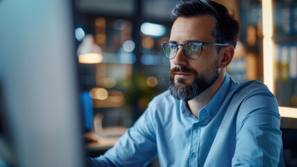 Fototapeta premium A bearded man wearing glasses works intently at a computer in a modern office, reflecting concentration, productivity, and professionalism.
