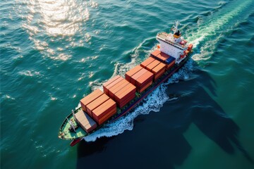 Aerial View of a Freight Container Ship Navigating Through Calm Blue Waters During Daytime, Highlighting the Maritime Industry and Global Trade Operations