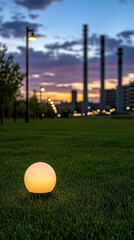Dynamic energy production unfolds at twilight, with colorful lights highlighting tanks and towers against a blue sky and purple clouds