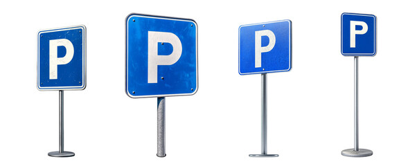 The image shows four variations of a blue parking sign with a white P, mounted on different sized metal posts against a black background.