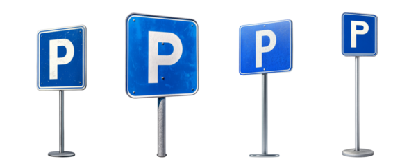 The image shows four variations of a blue parking sign with a white P, mounted on different sized metal posts against a black background.