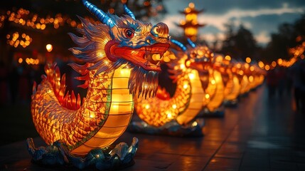 Obraz premium Illuminated Dragon Lanterns Line A Pathway At Night, Creating A Magical, Festive Atmosphere.