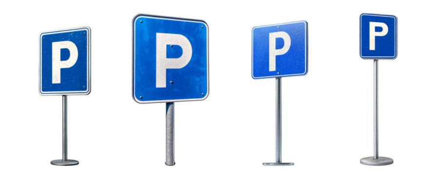 The image shows four variations of a blue parking sign with a white P, mounted on different sized metal posts against a black background.