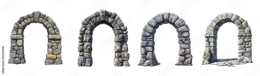 Poster a digital illustration showcasing four variations of stone archway designs suitable for game assets 
