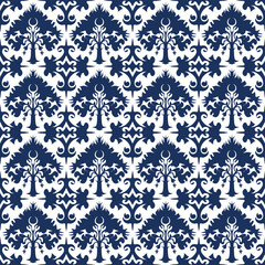 Dark Blue and White Tile Pattern with Decorative Symmetrical Arrangements