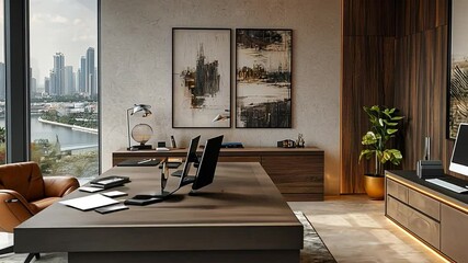 Modern Executive Office:  An inspiring workspace designed for success with panoramic city views, a minimalist aesthetic, and luxurious finishes, creating a sense of calm and focus. 