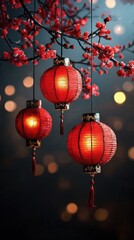 Obraz premium Three Red Chinese Lanterns Hang From A Flowering Branch, Glowing Softly Against A Blurred Bokeh Background. Perfect For Lunar New Year.