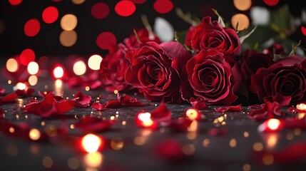 Close Up of Red Roses with Scattered Petals on a Dark Background Enhancing Romantic Vibes