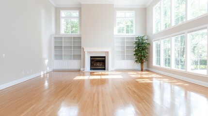 Sunlit empty living room with hardwood floors, fireplace, built-in shelves, and large windows; ideal for real estate listings