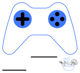 Game controller with blue buttons paired with a bowl of food conveying relaxation, gaming, and cultural blend. Ideal for gaming, food, technology, lifestyle, creativity, hobbies abstract line flat