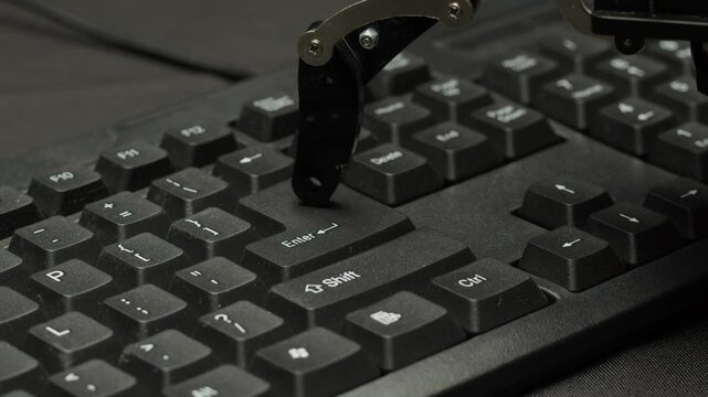 Robot ai hand working on pc laptop, Chatbot and chat robot advisor. Futuristic ai hand typing on keyboard, pressing buttons, office work, enterprise helper.