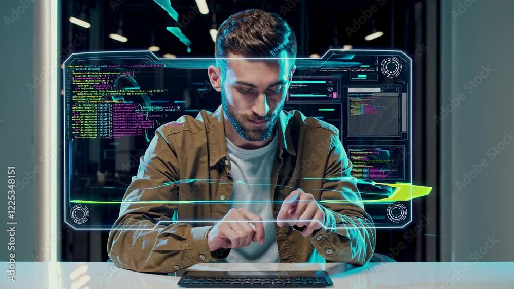 Poster tech enthusiast working on coding project in modern workspace with holographic interface