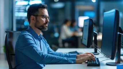 man in blue shirt is working at computer desk in office setting, focused on his tasks. background shows blurred view of colleagues collaborating, indicating busy work environment