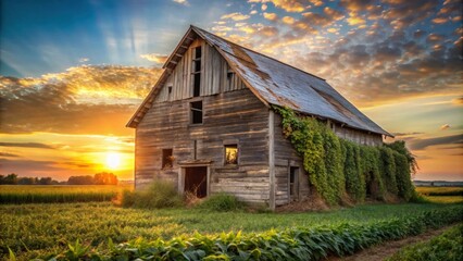 Obraz premium Rustic Wooden Barn at Sunset with Golden Hour Light and Overgrown Vines