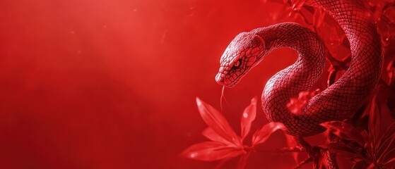 Obraz premium A Crimson Serpent, Scales Gleaming, Coils Amidst Red Foliage. Mysterious, Intense, And Slightly Menacing.