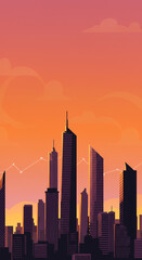 Fototapeta premium Vibrant Sunset Cityscape Silhouette with Upward Trending Graph