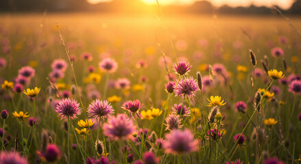 Fototapeta premium Sunset Meadow of Vibrant Wildflowers in Golden Hour Light