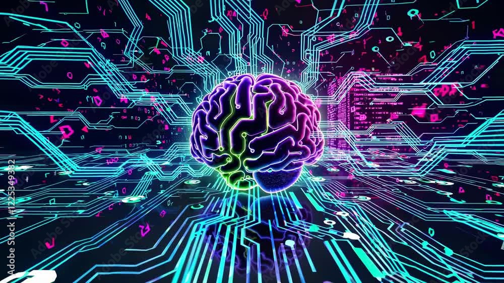Poster exploring the intersection of technology and mind through vibrant digital art