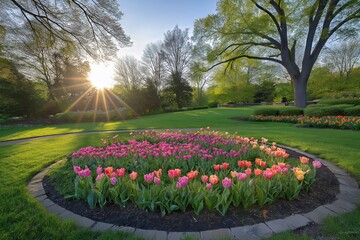 Obraz premium A vibrant garden showcasing blooming flowers under the golden sunlight invites you to enjoy the gardening season. Perfect for nature lovers and enthusiasts.