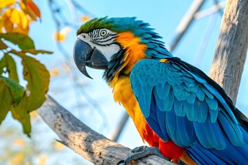 Obraz premium Scarlet macaw perched on a branch in a lush green forest. Colorful Macaw Perched on a Branch in a Lush Tropical Forest.