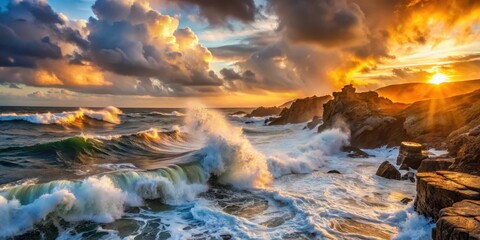 Fototapeta premium A majestic stormy sea with turbulent waves crashing against a rugged rocky coastline at sunset, sky, weather, sky