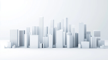 A 3D vector illustration of an urban cityscape panorama, featuring tall modern skyscrapers and smaller buildings, rendered in a sleek monochromatic style, set against a clean white background 