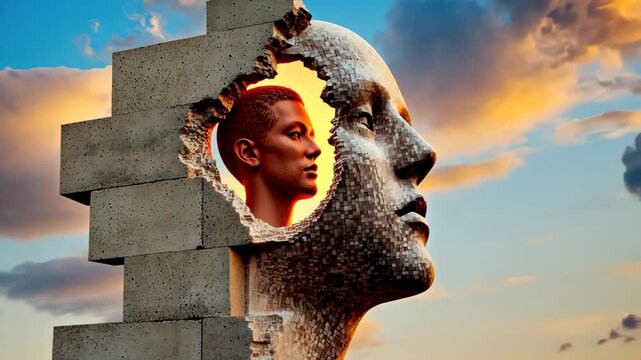 The 3D rendering algorithm utilizes binary data code to decrypt and encode a row matrix, creating a unique visualization of a man's head as a keyhole within a concrete blocks wall.