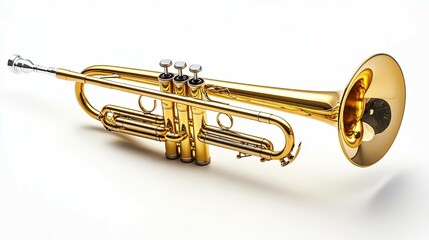 Obraz premium A trumpet with a long, thin body and a flared bell end made of bright, golden brass that exhibits a traditional musical instrument design