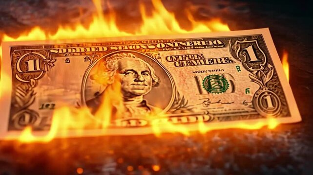 Burning Money: A one dollar bill is engulfed in flames, symbolizing financial loss, crisis, or the fleeting nature of wealth.  The intense fire creates a dramatic and visceral image.