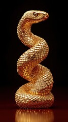 Fototapeta premium A Golden Snake Sculpture Coils Elegantly Against A Dark Background, Its Scales Gleaming Under The Light. A Luxurious, Mysterious Vibe.