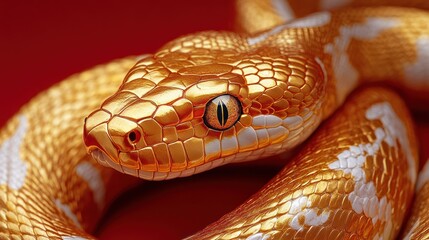 Fototapeta premium A Golden Snake With White Accents, Its Scales Gleaming Against A Red Backdrop. The Close-Up Shot Highlights The Intricate Texture And Intense Gaze Of The Reptile.