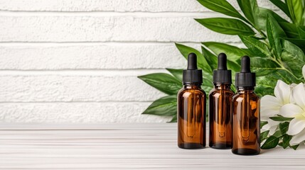 Three amber glass dropper bottles are arranged on a wooden table surrounded by plants and flowers, evoking a calm spa vibe