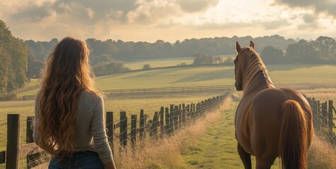 Naklejka premium A woman with long hair observes a horse in a grassy field as golden sunlight casts a warm glow over the landscape, creating a peaceful and tranquil atmosphere in the countryside.