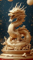 Obraz premium A Majestic Golden Dragon Statue, Intricately Detailed, Rests On A Pedestal Against A Dark, Sparkly Backdrop. It Evokes A Sense Of Ancient Power And Mystique.