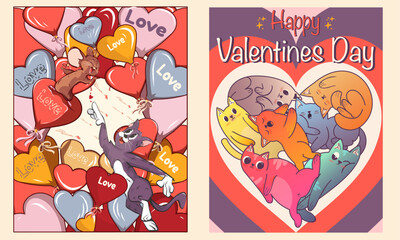 Cute cats in love. Romantic Valentines Day set for greeting card or poster. Adorable cat hugs for Valentine's Day. Vector concept.