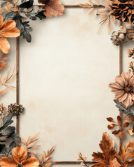 Cream template with a textured background and a central rectangular photo frame. Botanical illustrations frame the bottom and sides, with text space in the top-right corner.