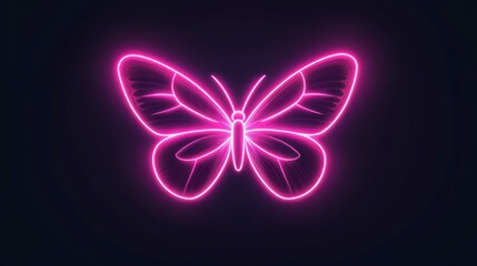Fototapeta premium A pink butterfly logo icon, glowing in a neon style, against a dark background, with no shadow on the background, in a front view.